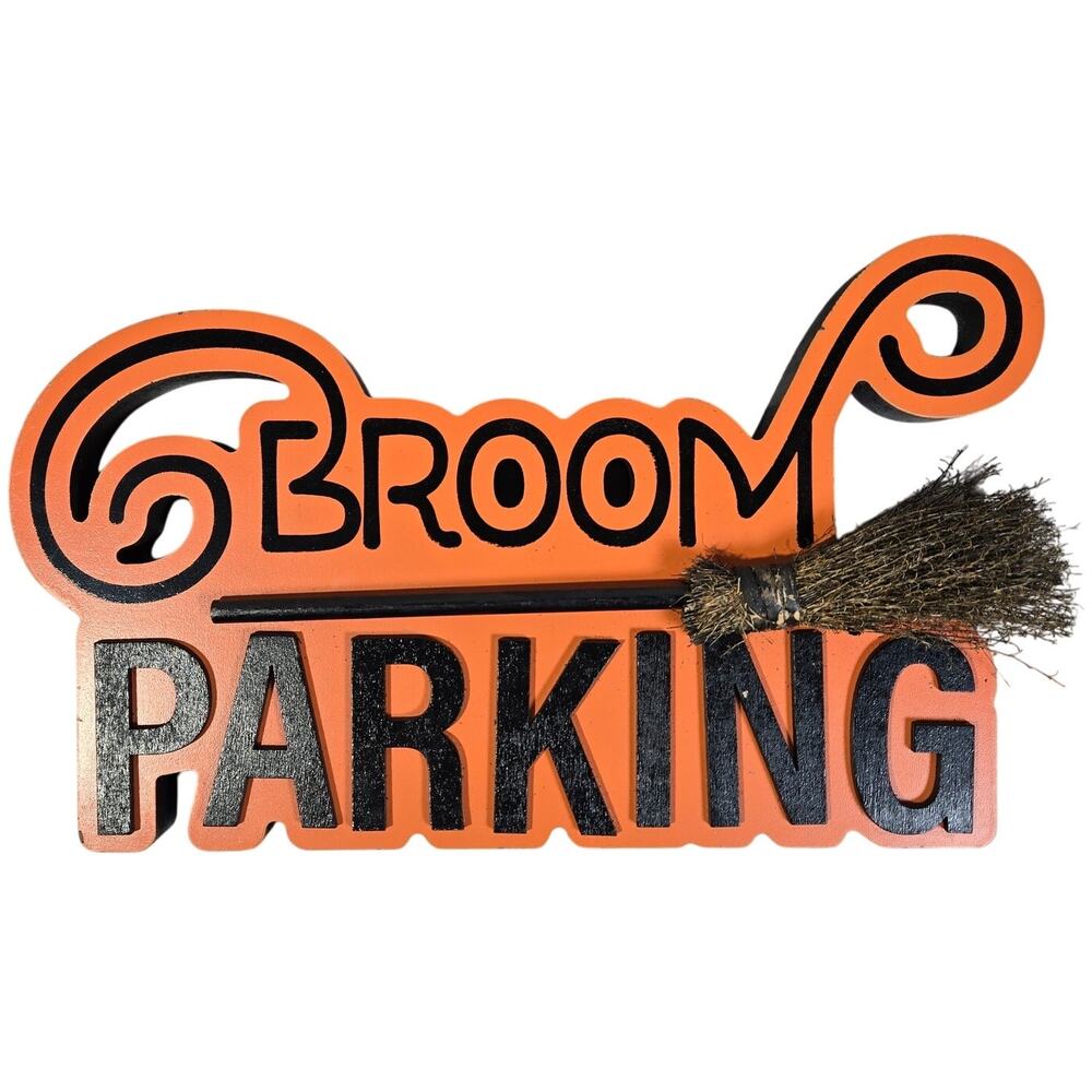 Halloween Broom Parking Sign Orange Black Wood Witch Decor